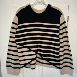 AMI AMALIA Size XS Blue & Beige Striped 100% Wool Women's Sweater Cross Front